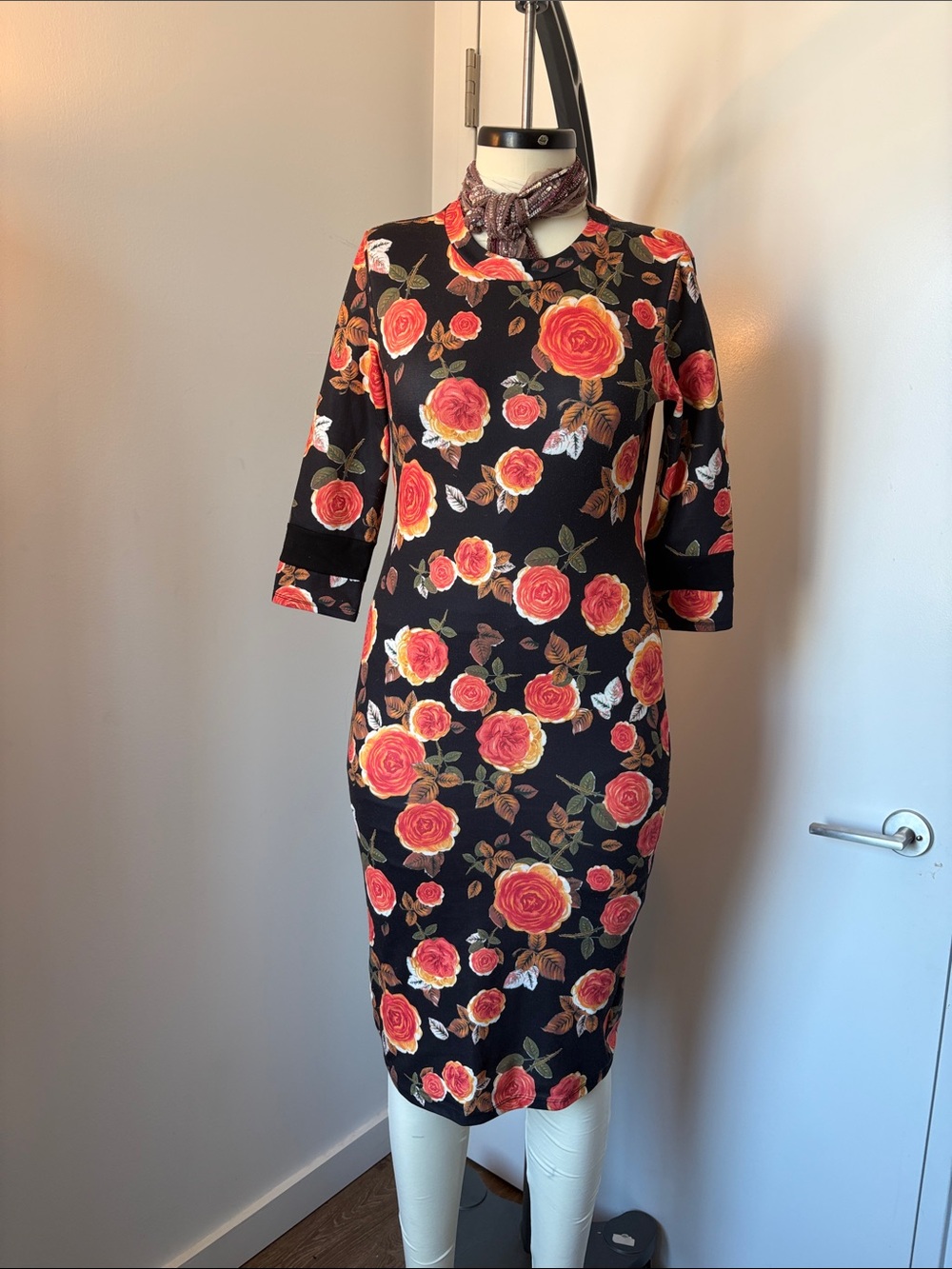 Zara Black Midi Dress with Red Rose Print